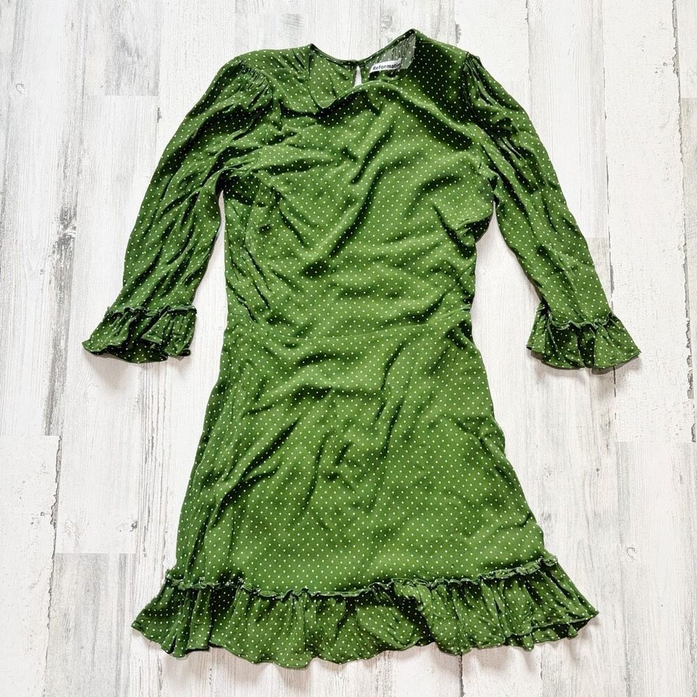Reformation Doutzen Green Polka Dot Dress Size 8 - Picture 3 of 5